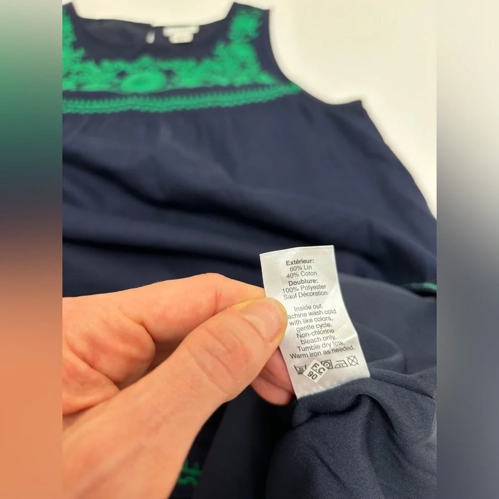 J Crew linen embroidered shift‎ dress, navy and green, with pockets XS, bohemian
